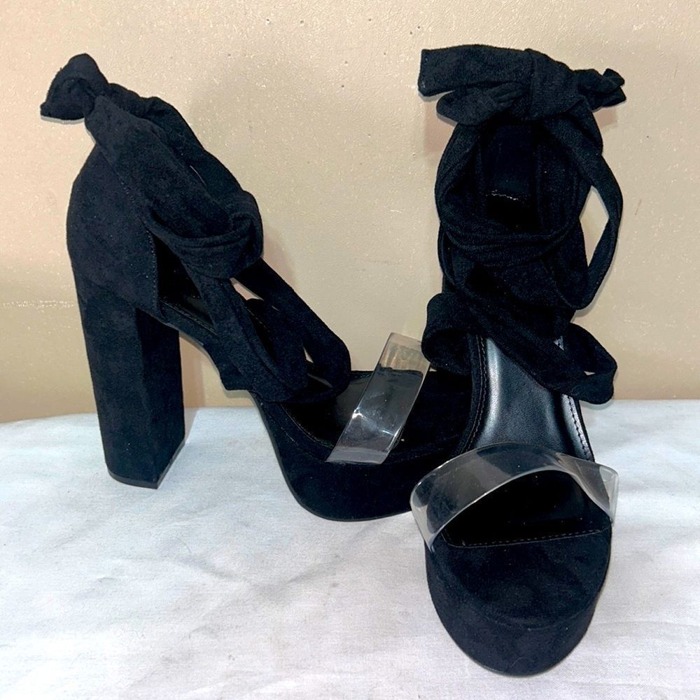NEW Charlotte Russe Mia Clear Strap Lace Up Crisscross Platform High Heels black